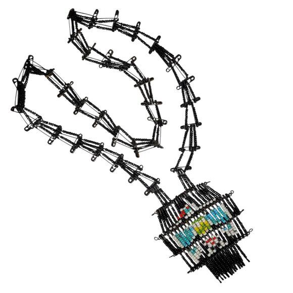 Boho Luxe Thunderbird Necklace Black Bead Safety Pin Vintage Tribal Statement - Picture 1 of 9